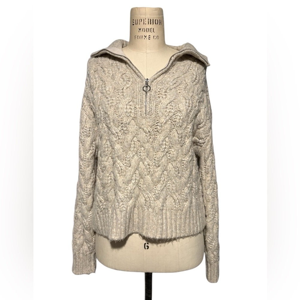 Ivory Oatmeal Cable Knit Half Zip Sweater Pullover Women Size Small Cozy Cottage